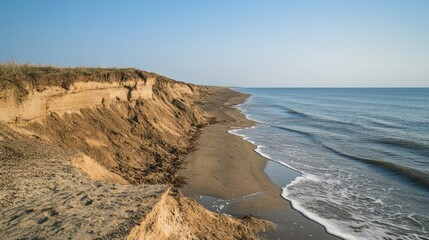 A coastal area with eroded shorelines and encroaching seawater. The clear sky and empty beach areas allow for text discussing global warming effects.