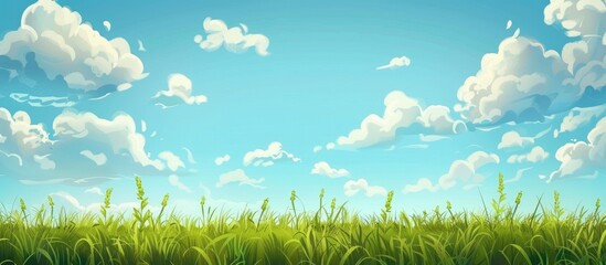 Obraz premium Summer Blue Sky Nature Landscape Meadow With Green Grass Plants Sunny Spring Scene Rural Outdoor Countryside Beautiful Agriculture Background With Pasture Lawn Clouds