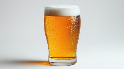 A frosty glass of cold beer with condensation on the surface, white background