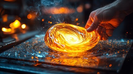 Glass blower forming hot piece of glass with wooden tool. Traditional glass crafter works with burning and blowing an art piece. Hand made glass studio