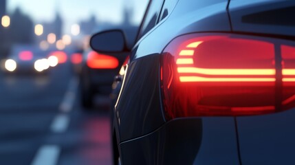 A close-up view of a car tail light, featuring modern design against a blurred urban background, showcasing vehicle details and city lights.