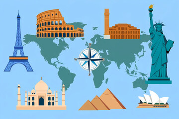 World landmarks and compass rose on a map illustration