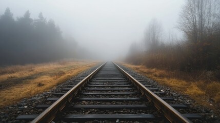 Obraz premium A deserted railway track leading into a foggy distance with a clean, atmospheric backdrop. The open space around the tracks is perfect for adding copy.