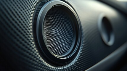 A detailed shot of a car speaker with a metallic finish, embedded in the door. The uncluttered background allows for clear copy placement.