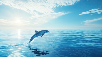 Obraz premium A dolphin emerging from the water with a bright sky above and a clean, expansive ocean surface around. The clear space provides ample room for text.