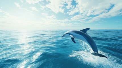 Obraz premium A dolphin emerging from the water with a bright sky above and a clean, expansive ocean surface around. The clear space provides ample room for text.
