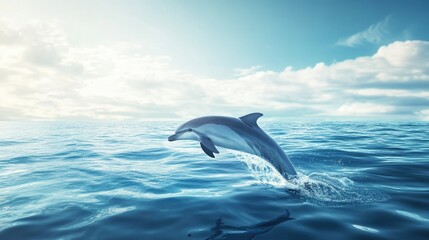 A dolphin emerging from the water with a bright sky above and a clean, expansive ocean surface around. The clear space provides ample room for text.