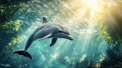 Obraz premium A dolphin gliding through the water with sunlight filtering through. The open, clear water around the dolphin allows for easy addition of text.