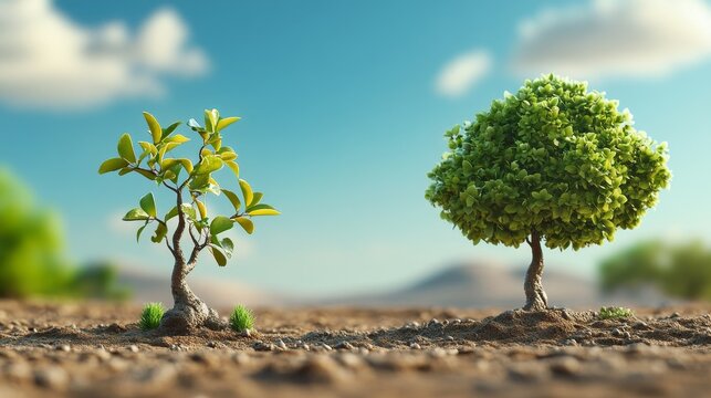 A comparison of a small sapling and a fully grown tree against a clear blue sky, showcasing nature's growth and transformation.