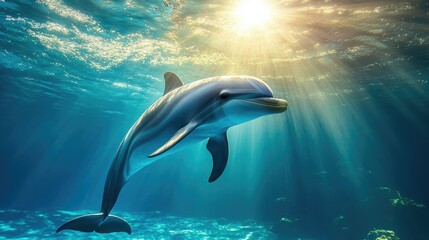 A dolphin swimming near the surface with the sun shining down and creating clear, open water around. The space around the dolphin is ideal for text.