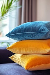 A stack of colorful pillows, from deep blue to soft yellow, placed perfectly on a sofa. 