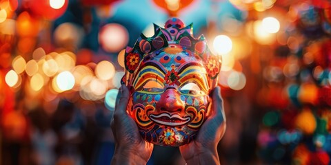 A close-up of hands holding a asian colorful festival mask