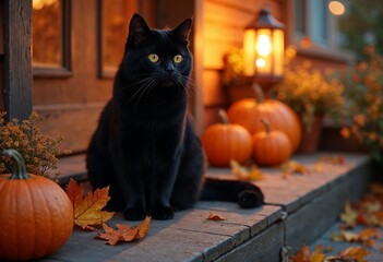 Fototapeta na wymiar Black cat sits on porch with pumpkins and autumn leaves around.