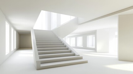 A minimalist interior with a stylish staircase, abundant natural light, and clean lines, creating a serene atmosphere.
