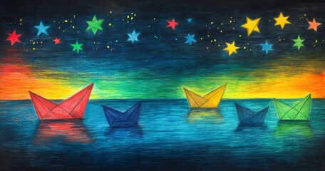 Fototapeta premium Colorful paper boats under starry night sky