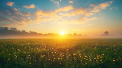 Sun Setting Over a Field of Yellow Wildflowers in a Foggy Meadow