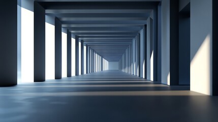 A modern interior showcasing a spacious corridor with strong architectural lines and natural light flooding through.