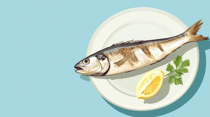 A grilled sea bass served with a lemon wedge on a plate, with a simple, clean background. The unobstructed space around the plate provides room for text.