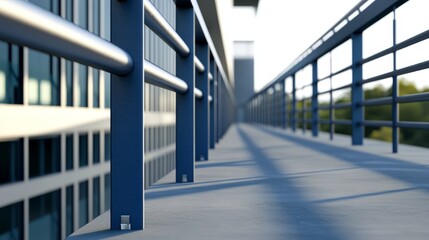 Fototapeta premium A modern walkway with railings and soft shadows, showcasing architectural design and depth in an urban setting.