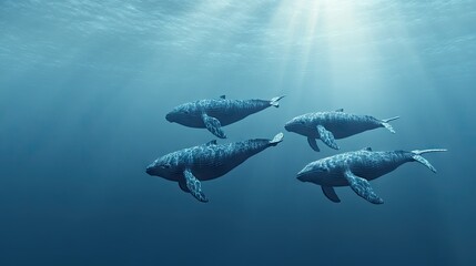 Naklejka premium A group of whales swimming in a formation with a clear, expansive ocean background. The empty space around them provides room for text.