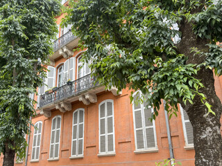 old brick house with closed white window blinds behind trees