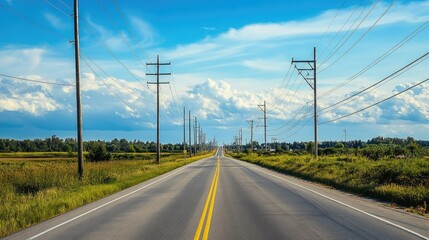 Fototapeta premium A high-angle view of electric poles running along a highway with a clear, open sky. The unobstructed space above the poles is ideal for text.