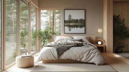 Fototapeta premium A light-filled Nordic bedroom with neutral bedding, wood accents, and large windows. The minimal decor leaves plenty of room for copy in the open space.