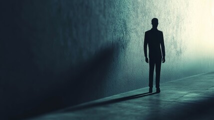 A mysterious silhouette standing against a dimly lit wall, casting a long shadow, evoking intrigue and contemplation.