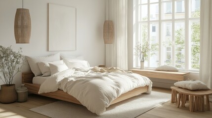 Fototapeta premium A light-filled Nordic bedroom with neutral bedding, wood accents, and large windows. The minimal decor leaves plenty of room for copy in the open space.