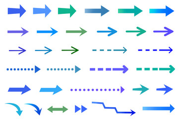 矢印　アロー　セット　素材　あしらい　飾り　パーツ　曲線　点線　下がる　下向き　早送り　再生　進行方向　直進　移動　スピード　動き　案内　標識　誘導　順路　順番　指示　掲示　転送　販促　サイン　シンプル　おしゃれ　チラシ　挿絵