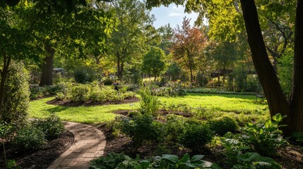 Obraz premium A lush garden with newly planted trees and a person tending to them. The wide, clear space in the garden provides ample area for text.