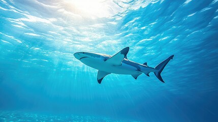 Fototapeta premium A majestic shark swimming gracefully in clear blue water. The open sea and clear background around the shark offer ample space for text.