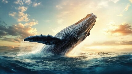 A majestic whale breaching the ocean surface with a clear sky in the background. The open water around the whale provides ample space for text.