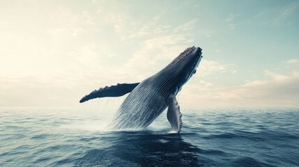 Fototapeta premium A majestic whale breaching the ocean surface with a clear sky in the background. The open water around the whale provides ample space for text.
