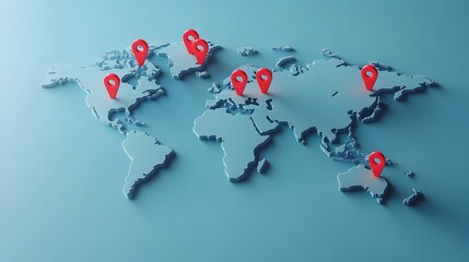 World Map with Red Location Pins Representing Global Connectivity and Data