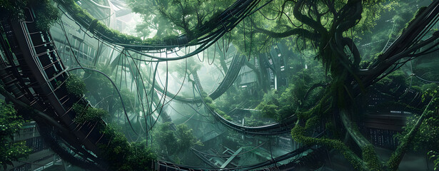 Obraz premium Future city in the forest. Nature, trees, grass and plants with building ecofriendly. Elf city, fantasy background, city wallpaper.