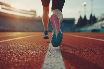 Athlete runner feet running on stadium. Close up view of runner sport shoes sprint running on track. with generative ai