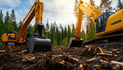Industrial machines tearing into a forest, visualizing deforestation and the environmental cost of development