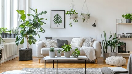 A Nordic living room featuring soft gray tones, white walls, and green indoor plants. The clean and airy layout provides open space for text.