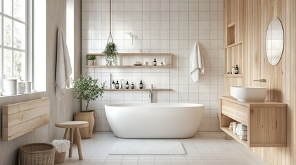Fototapeta premium A Nordic-style bathroom with clean lines, light wood elements, and white tiles. Open space around the fixtures creates ample room for copy. -