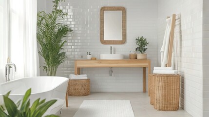 A Nordic-style bathroom with clean lines, light wood elements, and white tiles. Open space around the fixtures creates ample room for copy. -