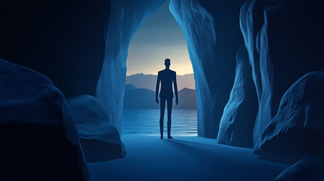 A solitary figure stands in a serene cave, illuminated by soft light, creating a tranquil and introspective atmosphere.
