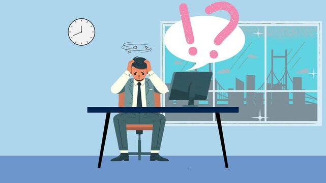 A frustrated and dizzy businessman sitting in front of a laptop doing very difficult work and office tasks