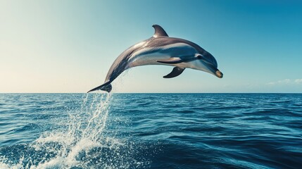 A playful dolphin leaping out of the ocean with a clear blue sky above. The open water around the dolphin offers ample space for text.