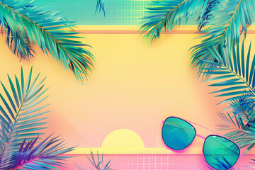Naklejka premium Empty background with space for text with palm trees and sun glasses in 80s style