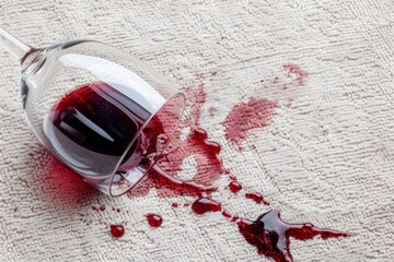 Red wine spills from an overturned glass, leaving a stain on the surface of a white carpet in a home environment.
