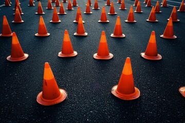 An endless field of identical, bright orange traffic cones aligned in perfect rows against a smooth, matte black surface. 