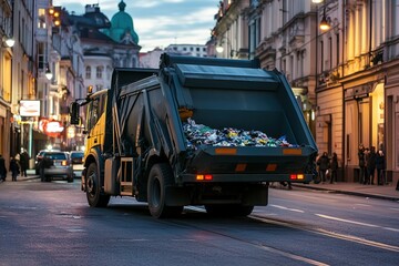 Garbage truck on city street during twilight