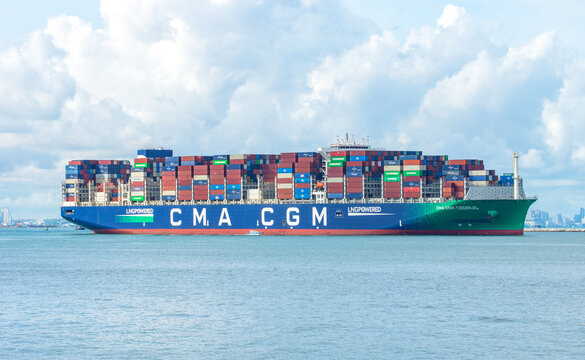 Container ship full capacity CMA CGM CEDRUS powered by natural gas docks at Laem Chabang Port thailand 23/8/2024. 