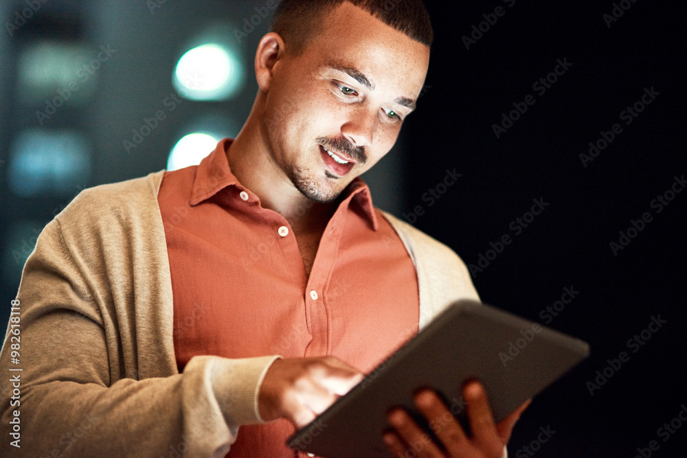 Poster business, man and tablet in office at night for typing email, communication and networking with clie